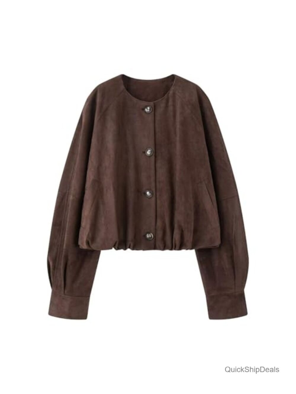 Faux Suede Button Jacket Oversized Gathered Hem Short Coat Casual Vintage